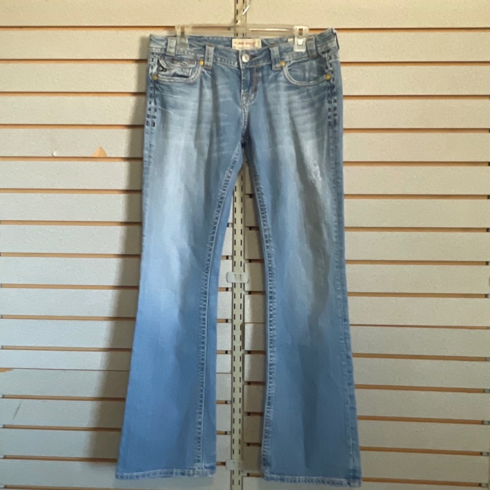 MEK Denim USA Womens 31x34 Light Wash Distressed Bootcut Embroidered Jeans Y2K